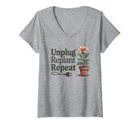 Mujer Desenchufe Replantar Repetir - Salud Mental Actitud Positiva Camiseta Cuello V