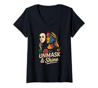 Mujer Desenmascarar y Brillar Neurodiversidad TDAH Niña Autismo Conciencia Camiseta Cuello V
