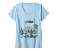 Mujer Desierto Gato en Sombrero UFO Encuentro Vintage Grabado Camiseta Cuello V