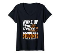 Mujer Despierta Bebida Café Consejo Estudiantes Sea Impresionante Escuela Camiseta Cuello V