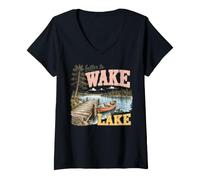 Mujer Despierta en el Lago: Decoración de Aventura Exterior Camiseta Cuello V