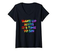 Mujer Despierta es Hora de pecar Texto Divertido del Arco Iris Camiseta Cuello V