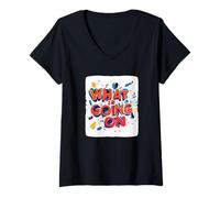 Mujer Desvelando el misterio con una declaración de "Qué está pasando" Camiseta Cuello V