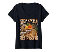 Mujer Detener el Racismo o me involucro Divertido Capybara Meme Bootleg Camiseta Cuello V