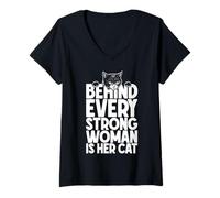 Mujer Detrás de Cada Mujer Fuerte está su Amante de los Gatos Dueño Cita Divertida Camiseta Cuello V