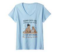 Mujer Detrás de Cada niña WFH Hay un Gato sabiendo Secretos Camiseta Cuello V