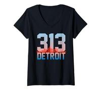 Mujer Detroit 313 Código de área Skyline Motor City Vintage Souvenir Camiseta Cuello V