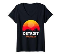 Mujer Detroit Michigan State USA Vintage Sunset Retro City Skyline Camiseta Cuello V
