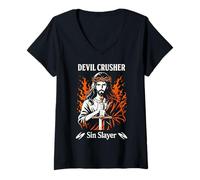 Mujer Devil Crusher Pecado Slayer Jesús Guerra Espiritual Cristiano Camiseta Cuello V