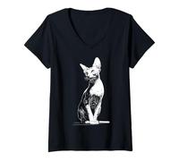 Mujer Devon-Rex Lover Cat Retrato Dibujo Motivo Camiseta Cuello V
