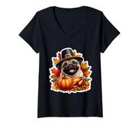 Mujer Día de Acción de Gracias Pug Dueño Perro Amante Divertido Peregrino Turquía Mamá Camiseta Cuello V