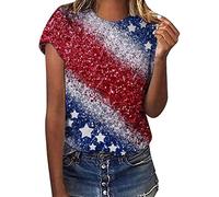 Mujer Día de la Independencia Impresión Casual Manga Corta Cuello Redondo Camiseta Holgada Blusa Blusa Opaco, rojo, S