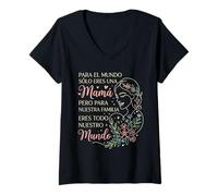 Mujer Día de la Madre Española Mama Floral Line Art Camiseta Cuello V