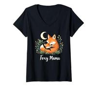 Mujer Día de la Madre Lindo Zorro Y Niño Mamá Mamá Mamá Otoño Camiseta Cuello V