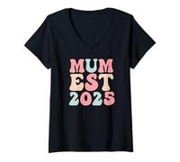 Mujer Día de la Madre Nueva Mamá Groovy Retro Su Primera Vez Mamá Est 2025 Camiseta Cuello V