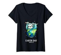 Mujer Día de la Tierra 2026 Sloth Art Camiseta Cuello V