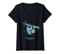 Mujer Día de la Tierra 2026 Sloth Art Camiseta Cuello V