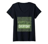 Mujer Día de la Tierra Todos los Días Verde Hoja Vena Fondo Camiseta Cuello V