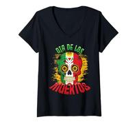 Mujer Dia De Los Muertos Bandera Mexicana México Skull Cool Skeleton Camiseta Cuello V