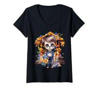 Mujer Dia De Los Muertos Day of The Dead Sugar Skull Halloween Camiseta Cuello V