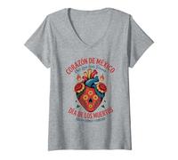 Mujer Día de los Muertos del Corazón Mexicano - El Amor Sigue Vivo Camiseta Cuello V