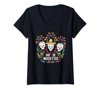 Mujer Dia De Muertos Cabeza Esqueleto Hueso De Azúcar Halloween Camiseta Cuello V