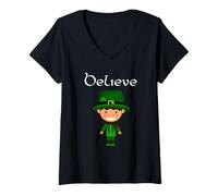 Mujer Día de San Patricio Creer Leprechaun Camiseta Cuello V