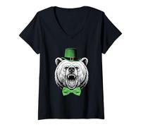 Mujer Día de San Patricio Oso de la Suerte Irlandés Shamrock Paddy's Day Camiseta Cuello V