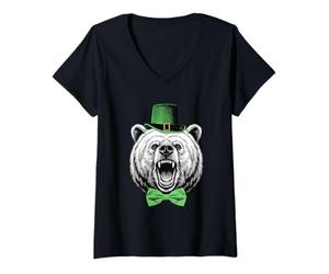 Mujer Día de San Patricio Oso de la Suerte Irlandés Shamrock Paddy's Day Camiseta Cuello V