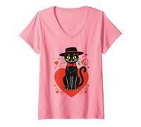 Mujer Día de San Valentín Romántico Gato Negro Sosteniendo Rosas Rojas Camiseta Cuello V