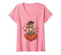 Mujer Día de San Valentín Romántico Gato Negro Sosteniendo Rosas Rojas Camiseta Cuello V