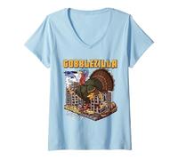 Mujer Día de Turquía Acción de Gracias Gobblezilla Funny Gobble Monster Camiseta Cuello V