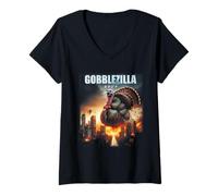 Mujer Día de Turquía Acción de Gracias Gobblezilla Funny Gobble Monster Camiseta Cuello V