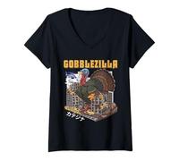Mujer Día de Turquía Acción de Gracias Gobblezilla Funny Gobble Monster Camiseta Cuello V