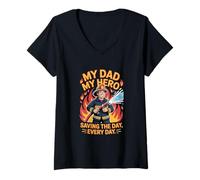Mujer Día del Padre Bombero "Mi papá, mi héroe" Camiseta Cuello V