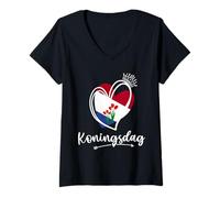 Mujer Día del Rey Bandera de los Países Bajos Koningsdag Vacaciones Holandesas Corazón Camiseta Cuello V