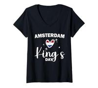 Mujer Día del Rey Bandera Holanda Corazón Koningsdag Amsterdam Camiseta Cuello V
