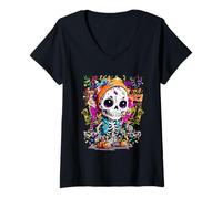 Mujer Dia DeLos Muertos Calavera Mexicana de Azúcar Esqueleto Camiseta Cuello V