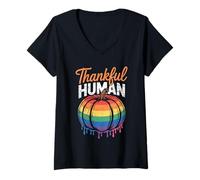 Mujer Día Festivo de Acción de Gracias de Calabaza arcoíris Humana agradecida Camiseta Cuello V