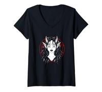 Mujer Diablo satánico, Halloween, Chica con Cuernos, gótica Camiseta Cuello V