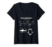 Mujer Diagrama de anatomía del Gran tiburón Blanco Ciencia del océano Gráfico Marino Camiseta Cuello V