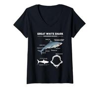 Mujer Diagrama de anatomía del Gran tiburón Blanco Ciencia del océano Gráfico Marino Camiseta Cuello V