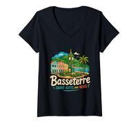 Mujer Dibujado a Mano Basseterre Saint Kitts Nevis Travel Landmark Gift Camiseta Cuello V