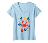 Mujer Dibujado a Mano Verano Playa Iconos Cangrejo diversión niños Arte Estilo Camiseta Cuello V