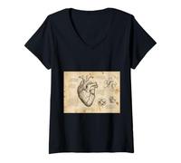 Mujer Dibujo anatómico del corazón Da Vinci Vintage Ciencia Médica Camiseta Cuello V