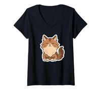 Mujer Dibujo de Gato Kawaii de Maine Coon. Linda Obra de Arte de Animales Camiseta Cuello V