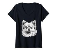 Mujer Dibujo de Perro de Pomerania, Bonito pompón Camiseta Cuello V