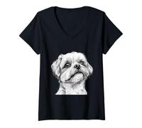 Mujer Dibujo detallado del Arte de la línea del boceto del Perro Shih Tzu Camiseta Cuello V