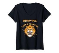 Mujer Dibujo Diseño, Dibujar Toma Coraje, León Camiseta Cuello V
