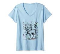 Mujer Dibujo Divertido Gato garabatos Gato mamá papá Mascotas Amante Camiseta Cuello V